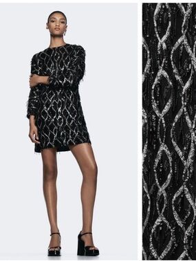 Zara women’s Black Sequin Chain-Pattern Long Sleeve Mini Dress size L